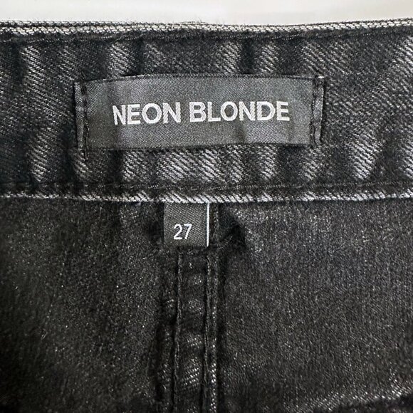 Neon Blonde Distress Black Denim Skirt Asymmetrical Raw Hem Y2K 90s Grunge Sz S - Picture 7 of 8